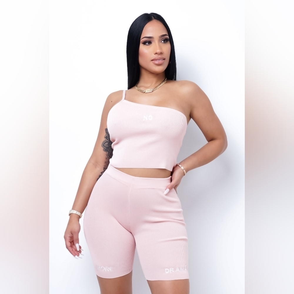 NEW! Pink One-Shoulder "No More Drama" Crop Top and Short Set